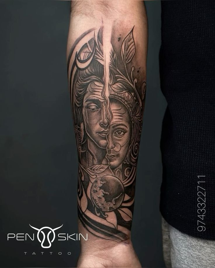 Realistic Half Shiva and Half Parvati Face Design Tattoo for Hand
