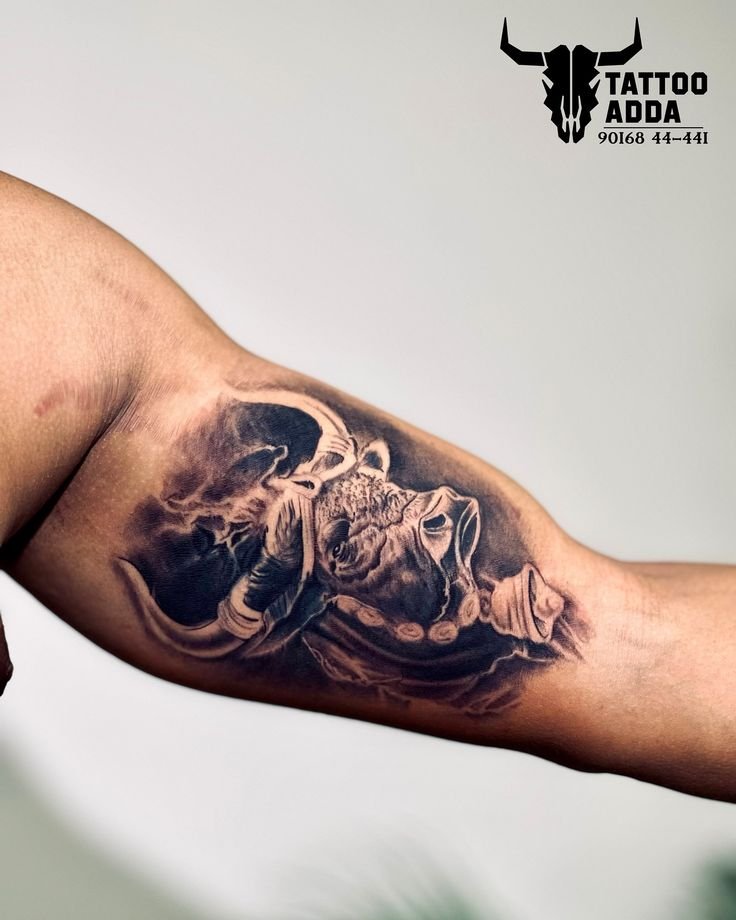 Biceps / Upper Arm Tattoo of Realistic Shiva Nandi
