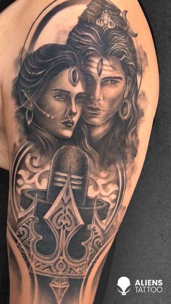 Shiva and Parvati Tattoo Design with Shiva Lingam and Trishul / Trident - Black and White Tattoo on Upper Arms
