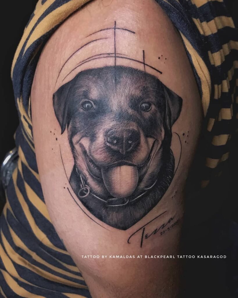 Realistic Rottweiler Dog Memory Tattoo on Hand
