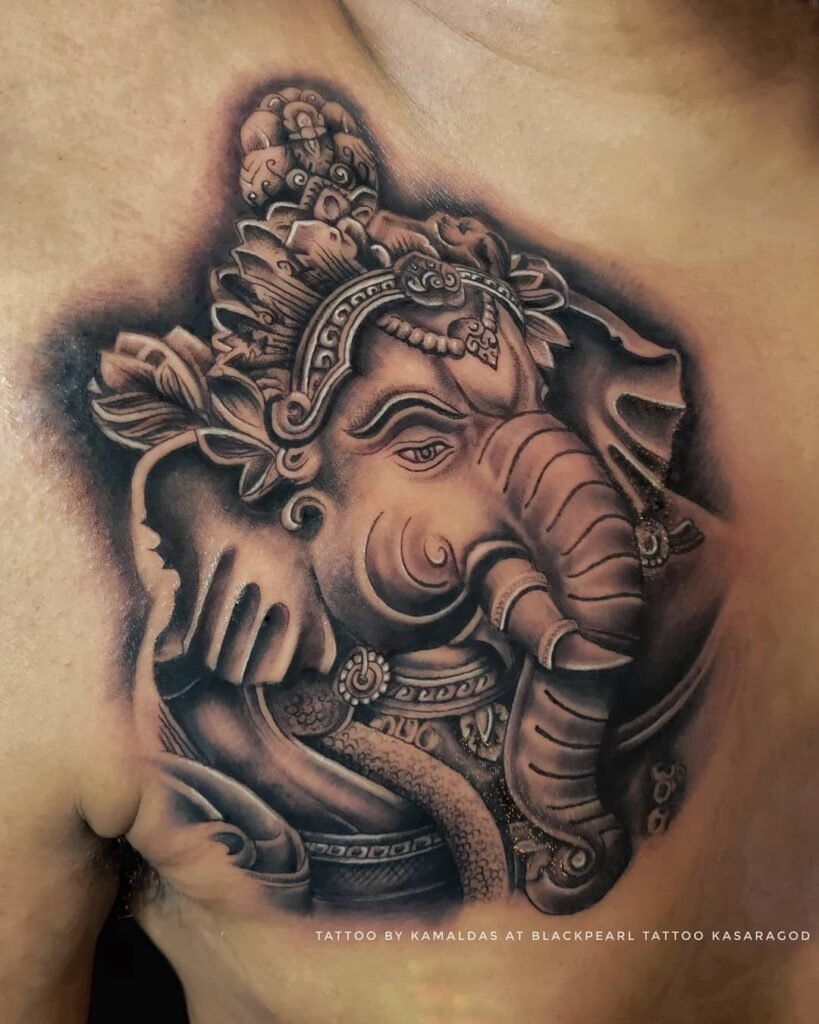 Angry Ganesha Tattoo on Chest - Black and White