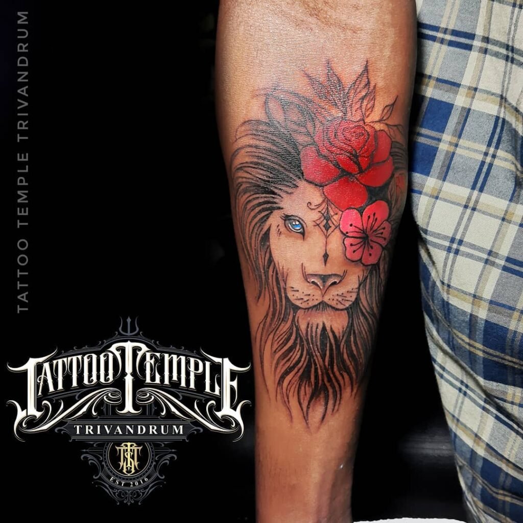 Lion Face with Red Rose Tattoo Design for Foremarms
