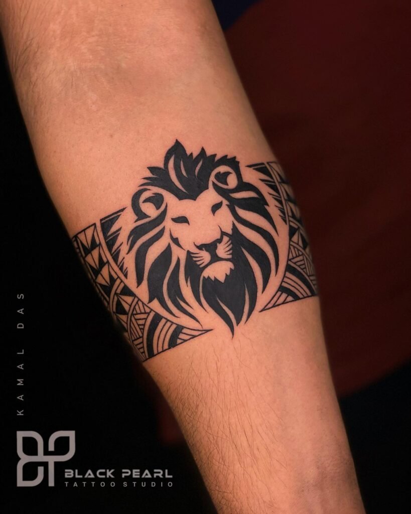 Lion Themed Pattern Style Arm Band Tattoo Design for Hand
