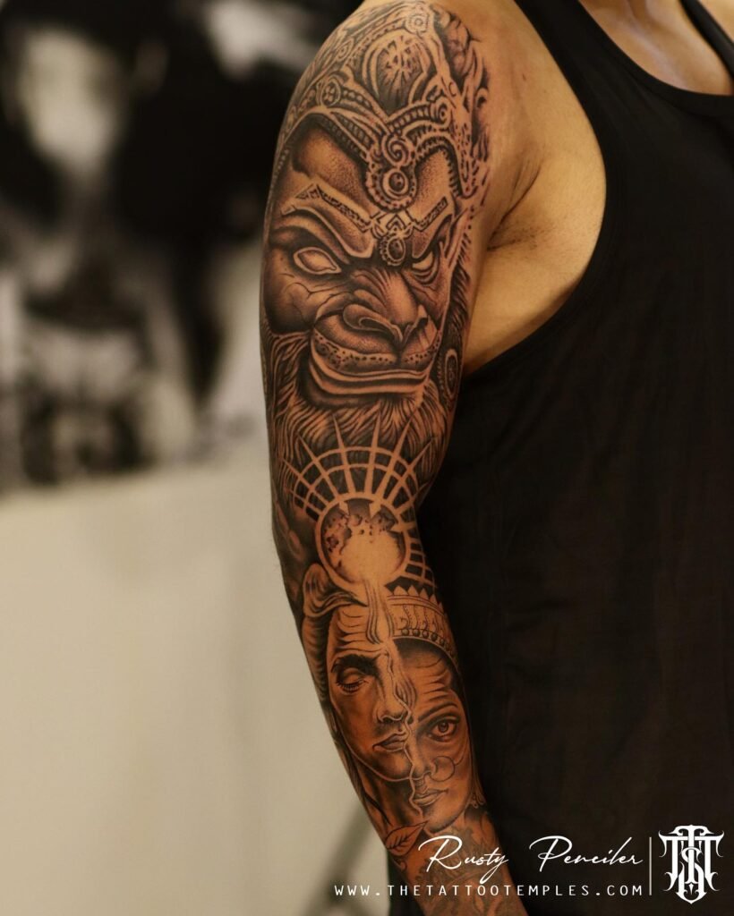 Full Sleeve Ardhanari Tattoo with Narasimha Design Combination - Black and White Hyper Realistic Tattoo
