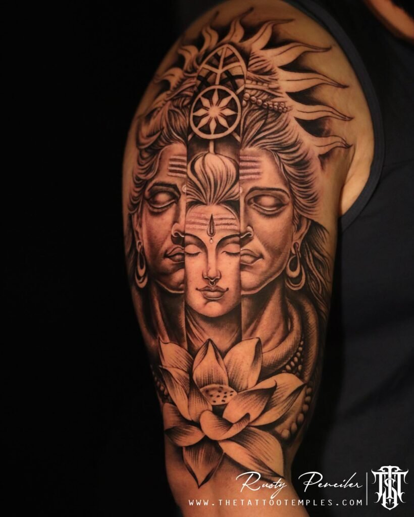 Shiva Parvathi Tattoo Design Combination with Lotus Flower on Upper Arms
