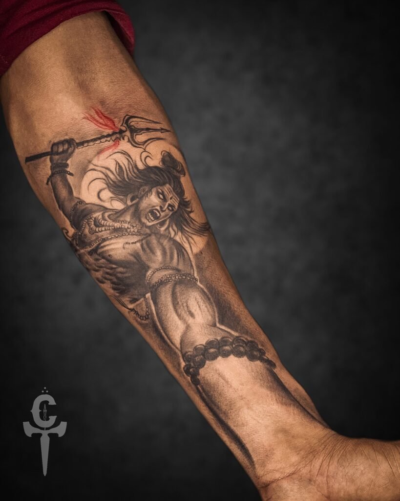 Angry Natraj with Trishul Tattoo Forearms
