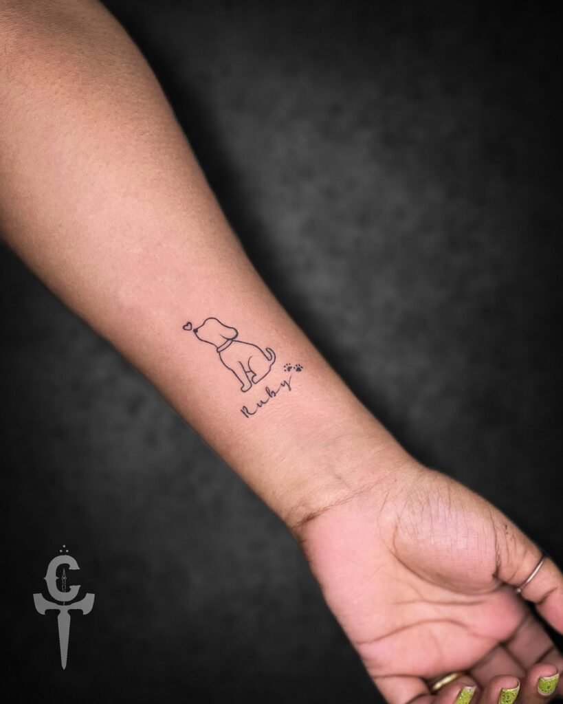 Minimalistic Dog Line Art with Paws and Dog Name Tattoo
