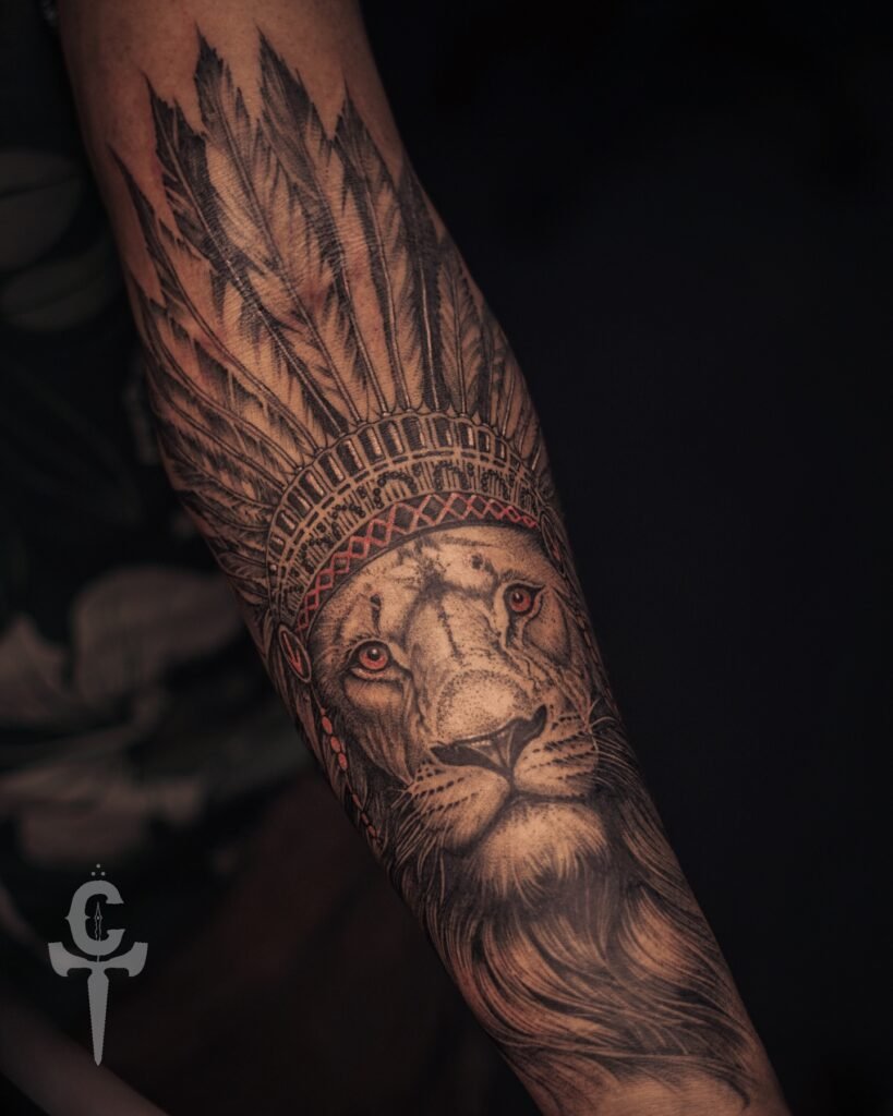 Realistic Style Tribal Crowned Lion Tattoo Design for Hand
