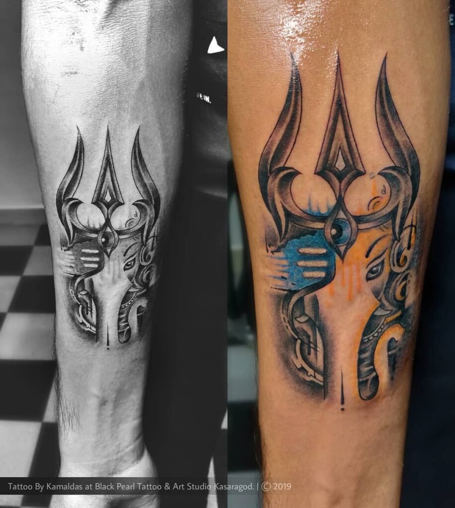 Ganesh with Trishul and Shiva's Third Eye Design Combination Tattoo on Forearms