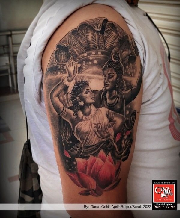 Realistic Shiva Parvati Dancing Tattoo Design with Guarding Snake and Lotus Flower Combination Design
