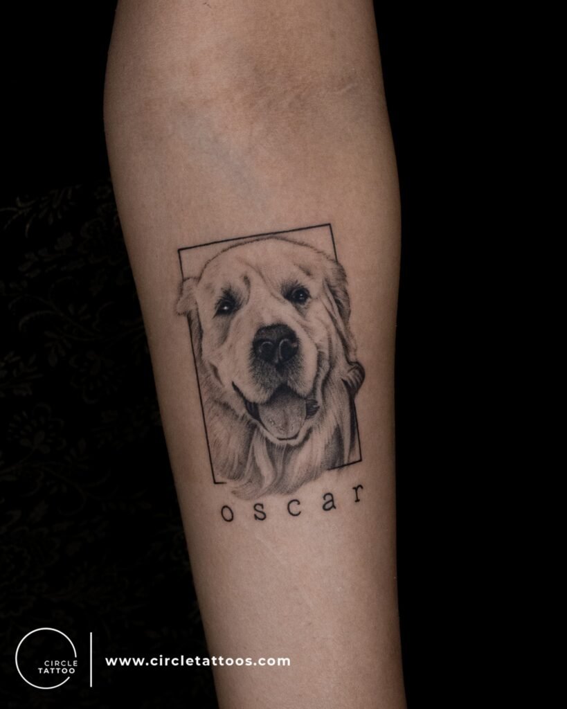 Realistic Golden Retriever Caricature Tattoo on Forearms
