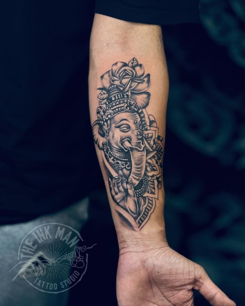 Lord Ganesha Floral Tattoo Design Combination on Hand
