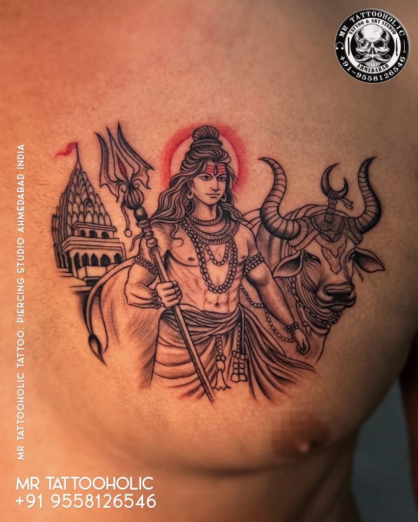 Lord Shiva with Nandi at Kailasa Tattoo Design on Chest
