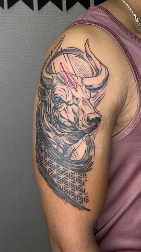 Free Hand Style Nandi Tattoo on Upper Arms
