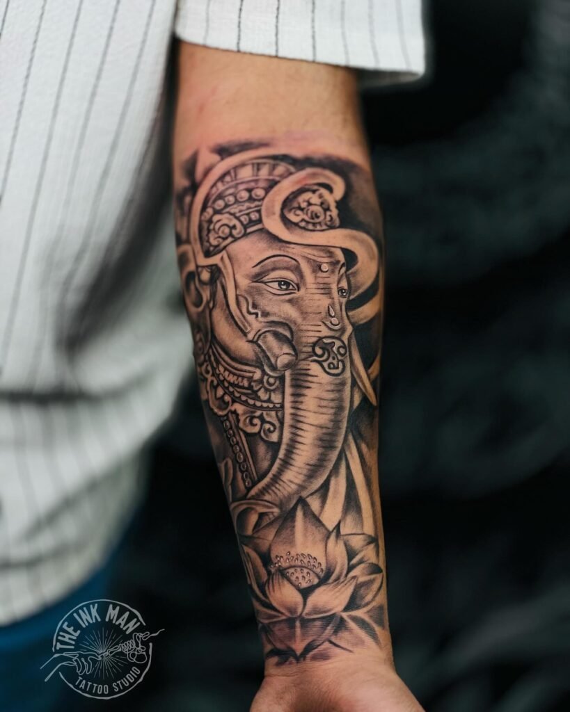 Realistic Shaded Ganesh Head Tattoo Design on Hand