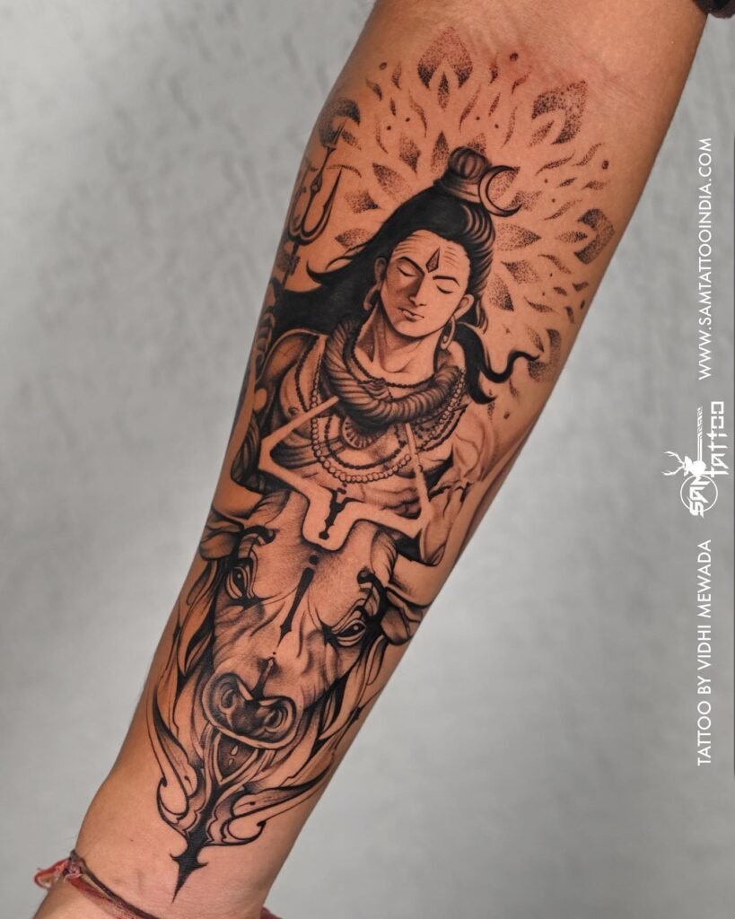 Shiva with Nandi Tattoo and Mandala Design Combination on Forearms
