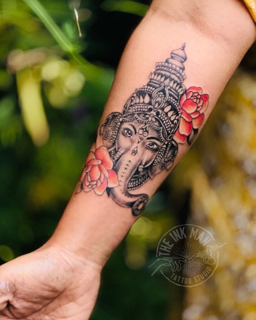 Ganesh with Colour Full Roses Combination Tattoo Design on Hand