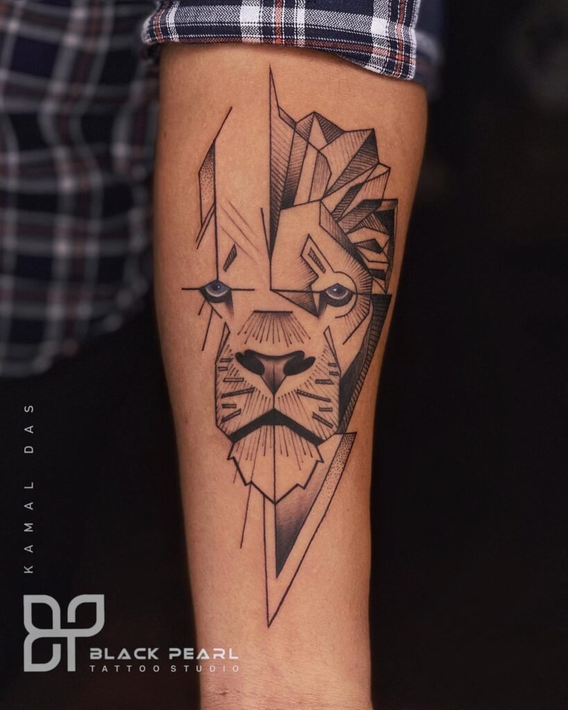 Geometrical Style Line Art Lion Tattoo Design for Hand
