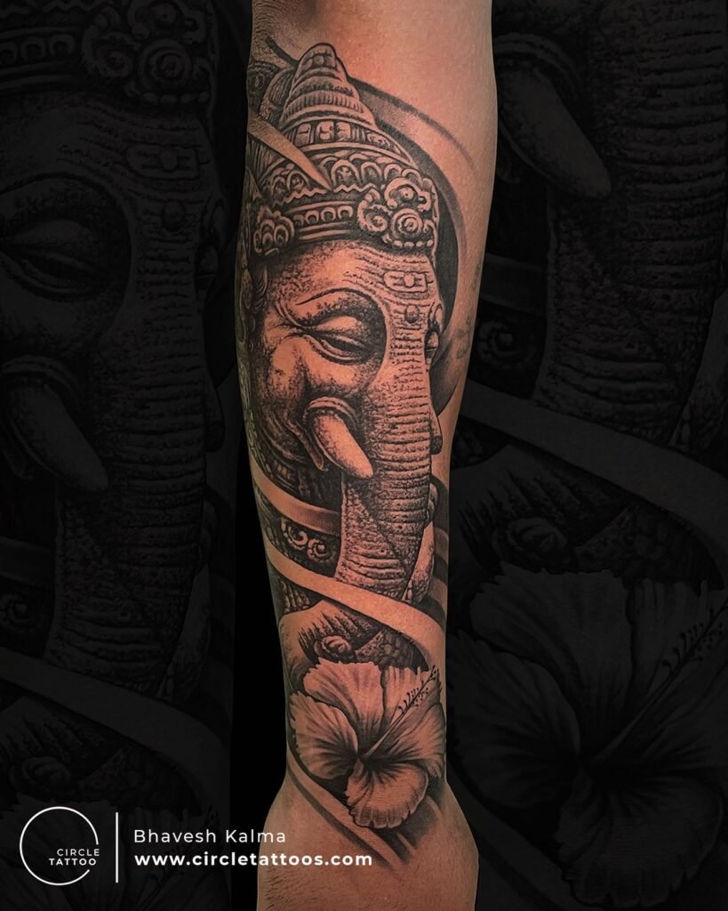 Lord Ganesh Tattoo with Flower Combination -  Realistic Finish Shading - Full Sleeve