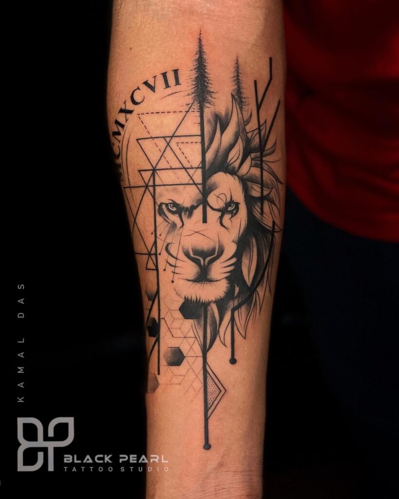 Geometrical Style Free Hand Line Art Lion Tattoo Design for Hand
