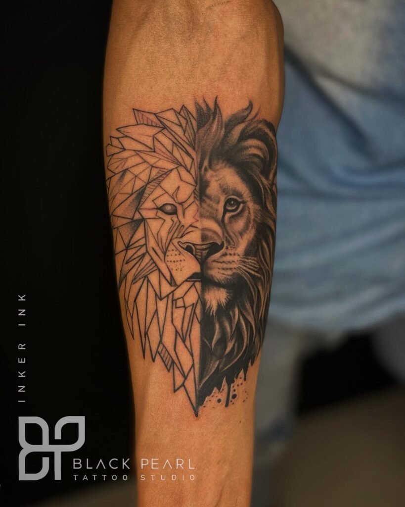 Realistic and Geometrical Style Combination of Lion Face Tattoo Design for Forearms
