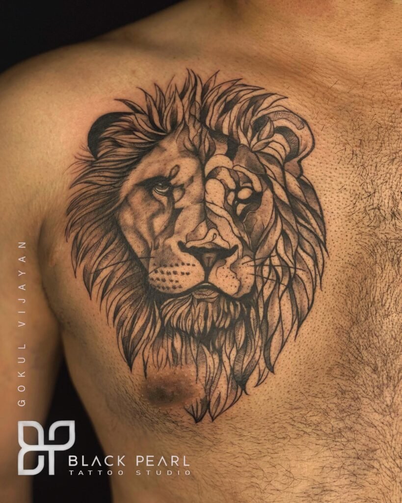 Realistic and Line Art Style Lion Face Tattoo Idea on Chest
