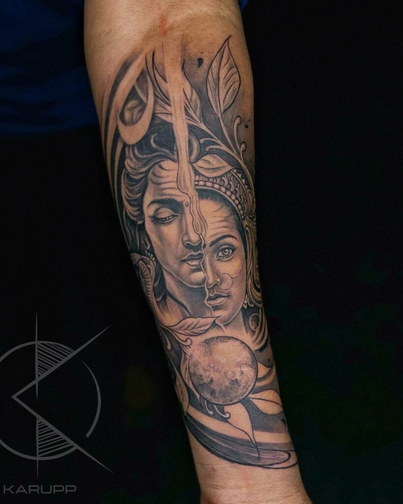 Ultra Realistic Shiv Parvati Half Face Tattoo Design on Hand
