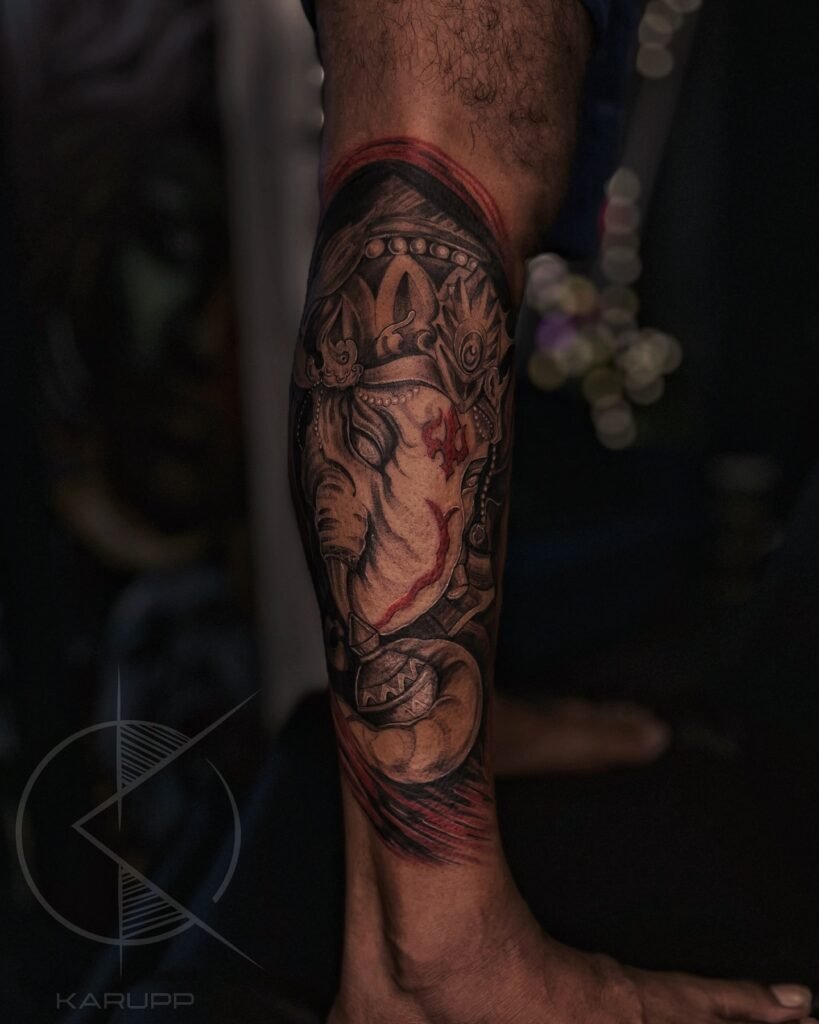 Ganesh with Kumbh Tattoo Design on Calf / Leg