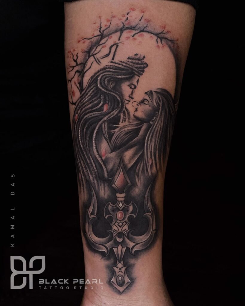 Shiv Parvati Romantic Pose Tattoo Design with Trishul / Trident Combination on Forearms
