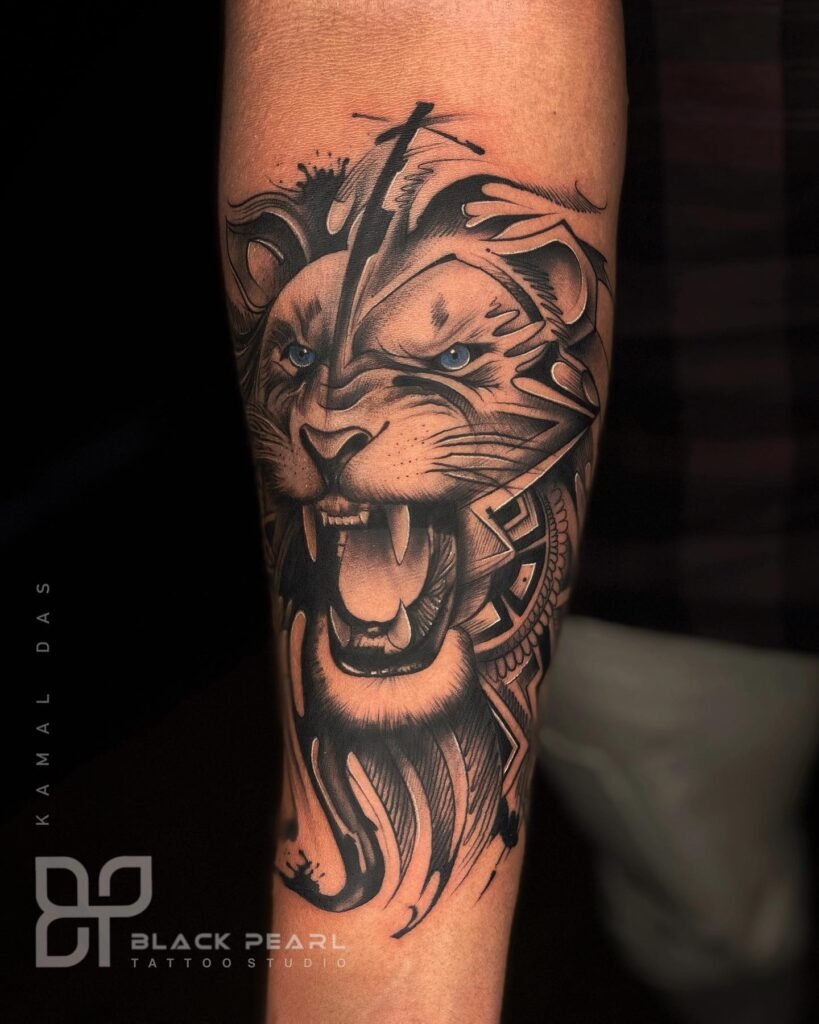 Roaring Lion Free Hand Style Design on Forearms
