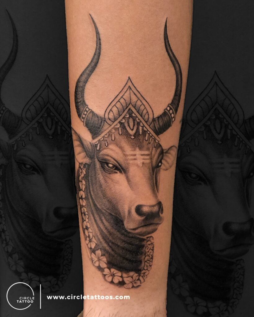 Shiva Nandi Tattoo Design with Realistic Shading on Hand
