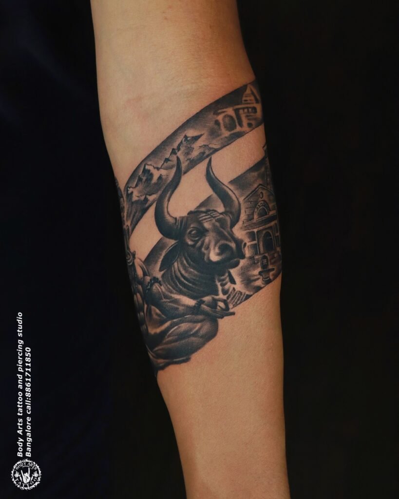 Arm Band Nandi Tattoo Design with Lord Shiva and Kailasa Design Combination
