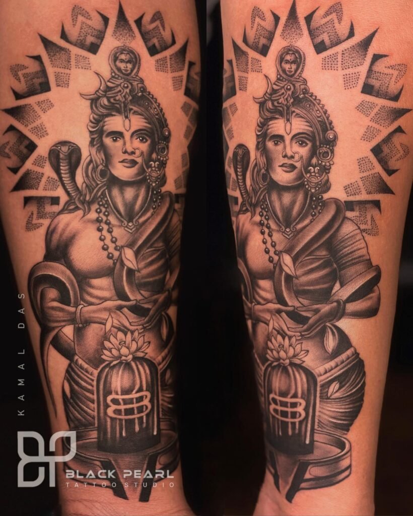 Half Shiva and Half Parvathi (Ardhanari) Full Body Tattoo Design with Shiva Lingam and Mandala Design Combination
