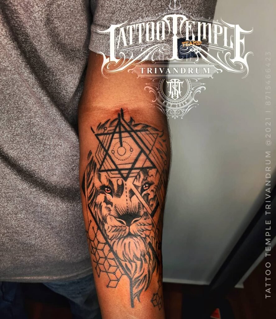 Geometrical Pattern Style Lion Face Tattoo Design for Forearms
