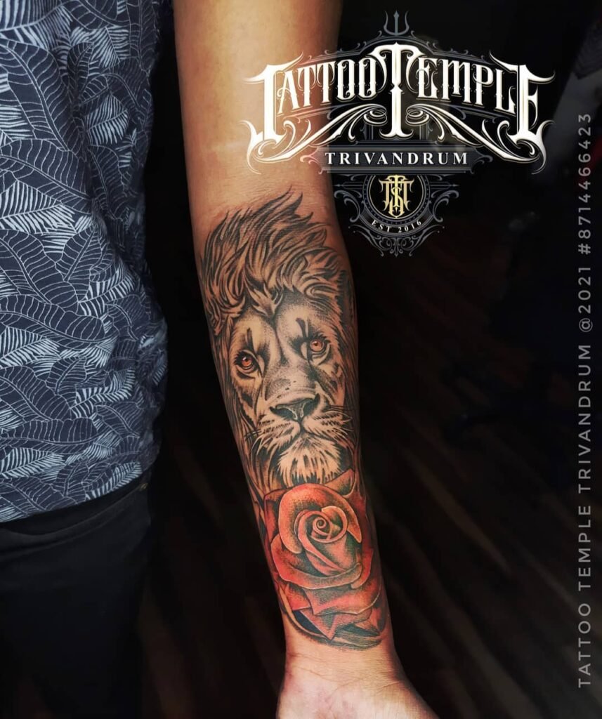 Male Lion Head with Red Rose Flower Tattoo Design Combination for Hand
