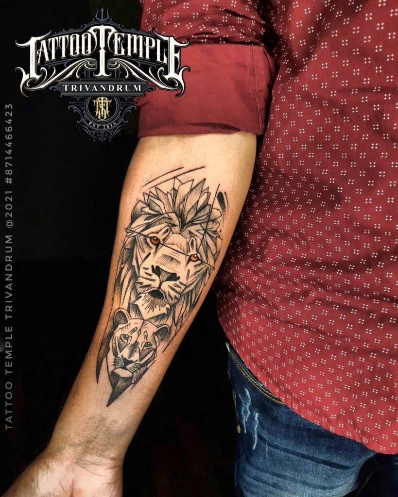 Geometrical Style Male and Female Lion Head Tattoo Design for Hand
