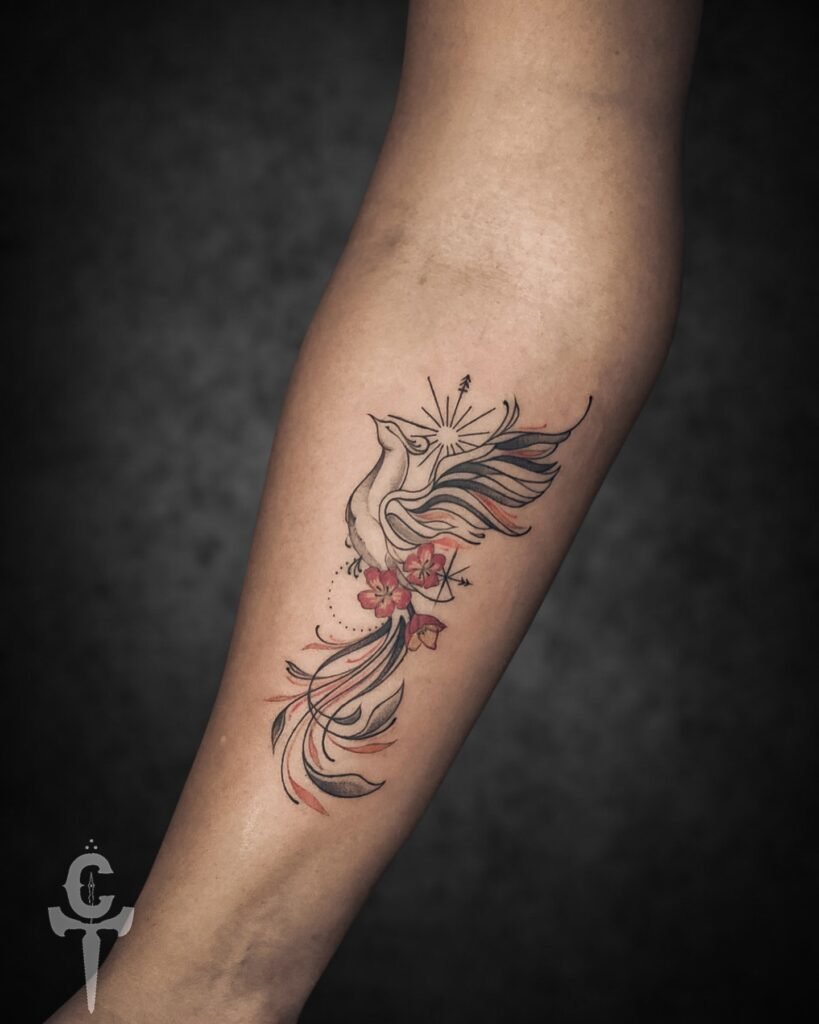 Line Art Style Simple Phoenix Tattoo Design on Hand