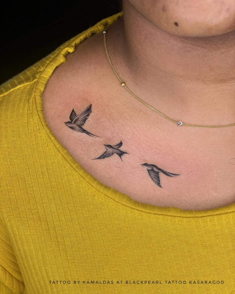 Black and White Flying Birds Front Neck Tattoo Design