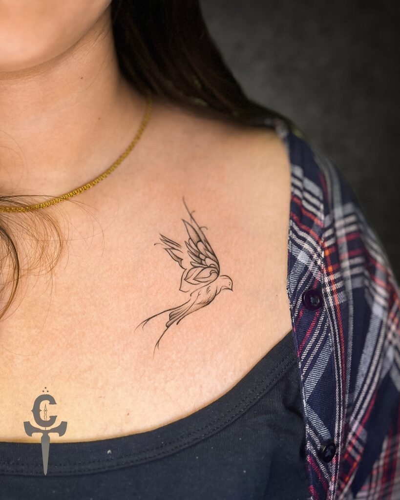 Line Art Style Flying Bird Tattoo Design on Front Neck