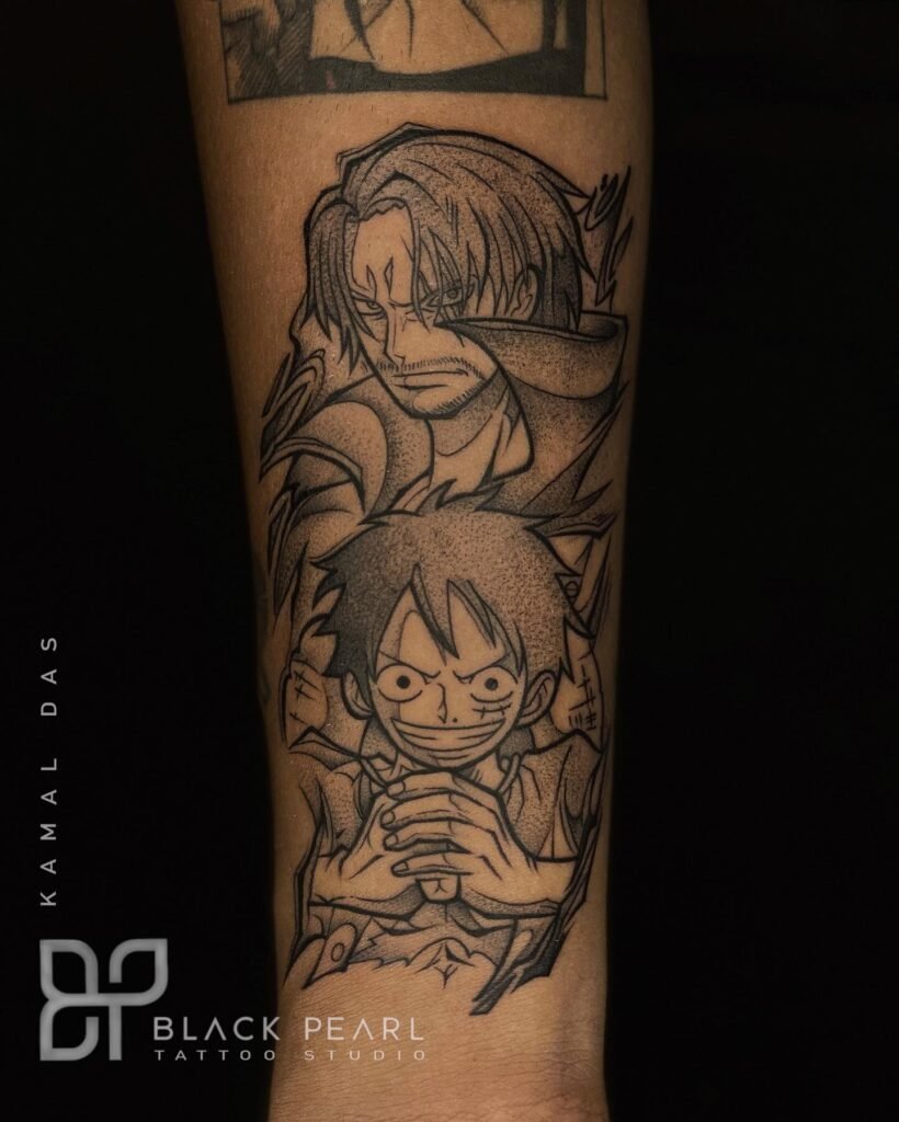 One Piece - Silvers Rayleigh and Monkey D Luffy  - Anime Characters Tattoo Design 