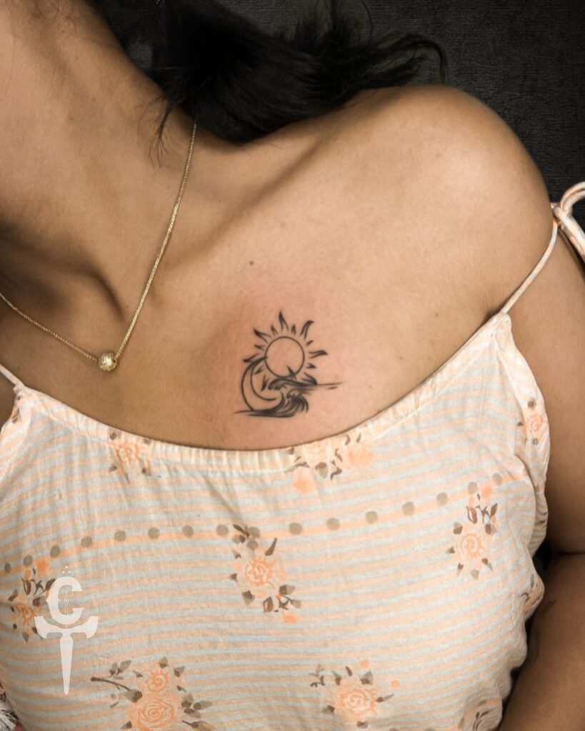 Sun, Moon and Sea Front Neck Tattoo Design