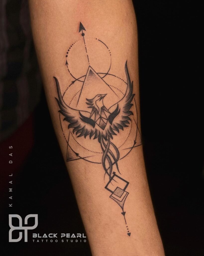 Geometric Style Phoenix Tattoo Design for Female Hand