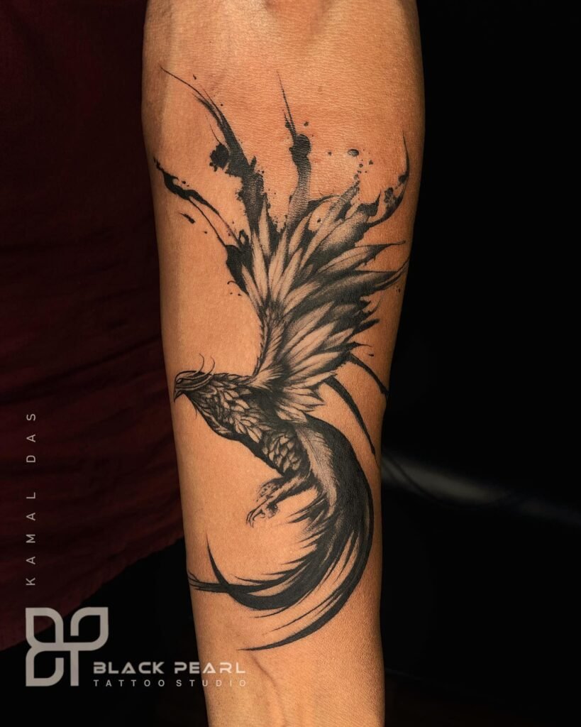 Water Colour Style Phoenix Bird Flying Tattoo on Hand