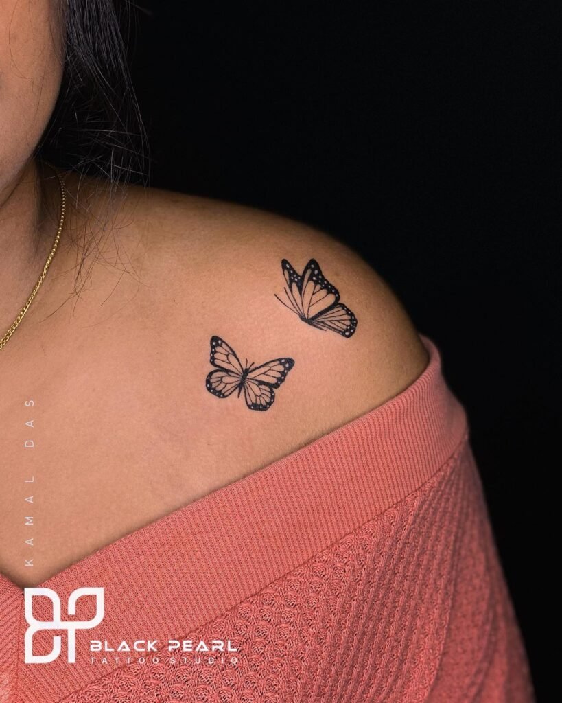 Two Butterflies Themed  Ladies Front Neck Tattoo Design