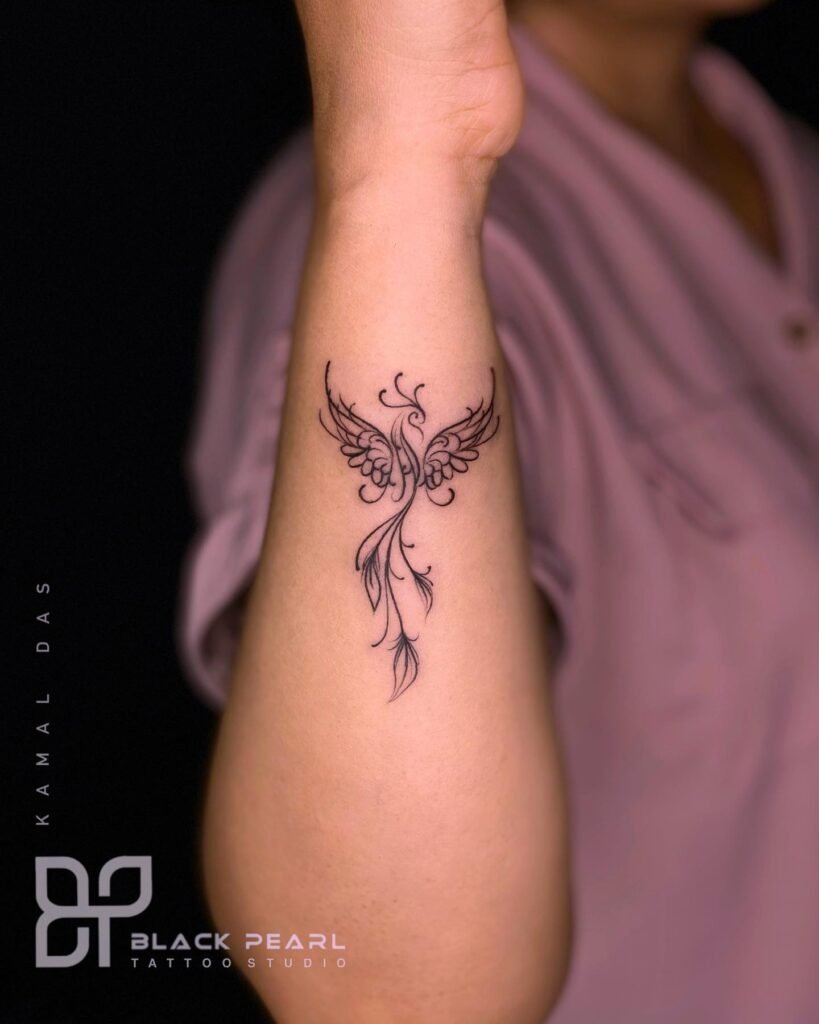 Simple Line Art Style Small Phoenix Tattoo on Forearms