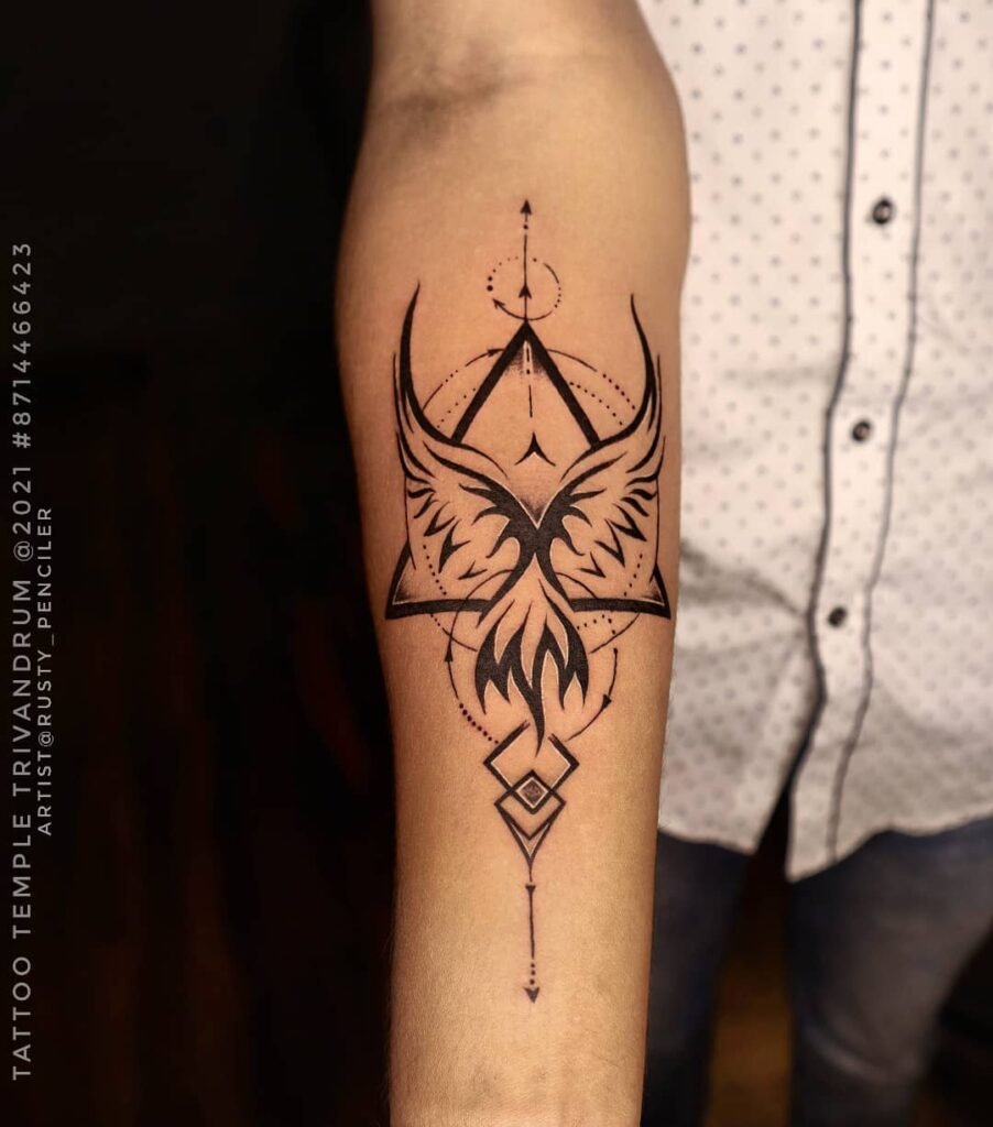 Geometric Style Phoenix Tattoo on Hand