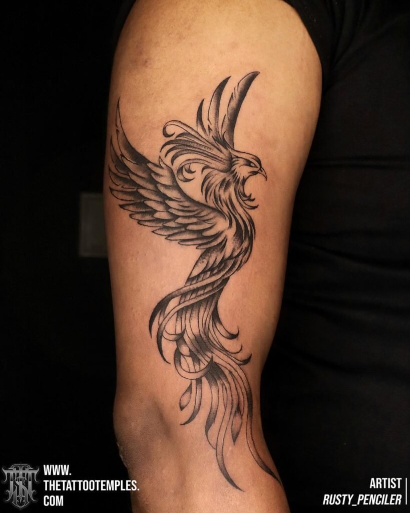 Realistic Style Phoenix Tattoo on Upper Arms - Shaded